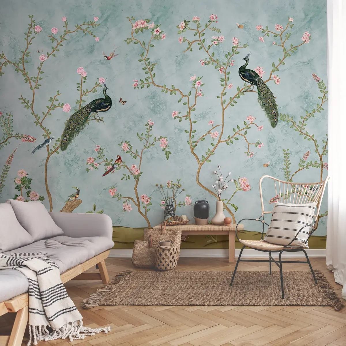 Blue floral wallpaper installed in living room near Noida